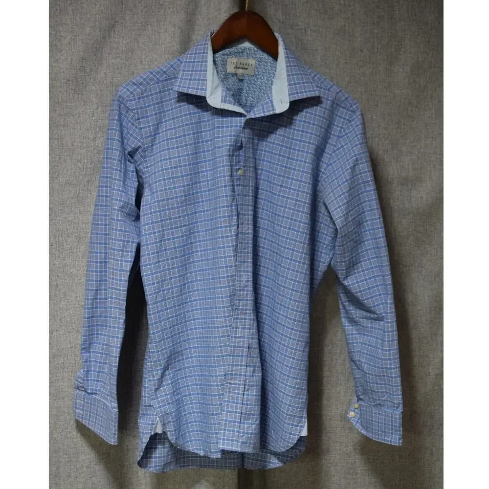 Ted Baker Blue Check Cotton Button-Up Shirt 15.5 - Picture 1 of 4